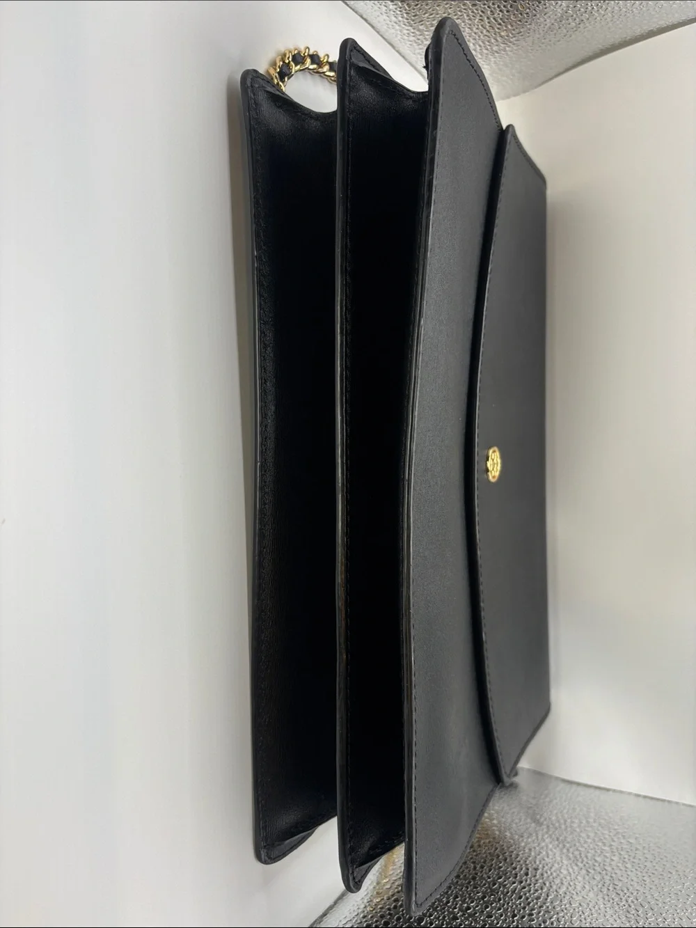 Tory Burch Black Leather Shoulder Bag with Gold Chain
